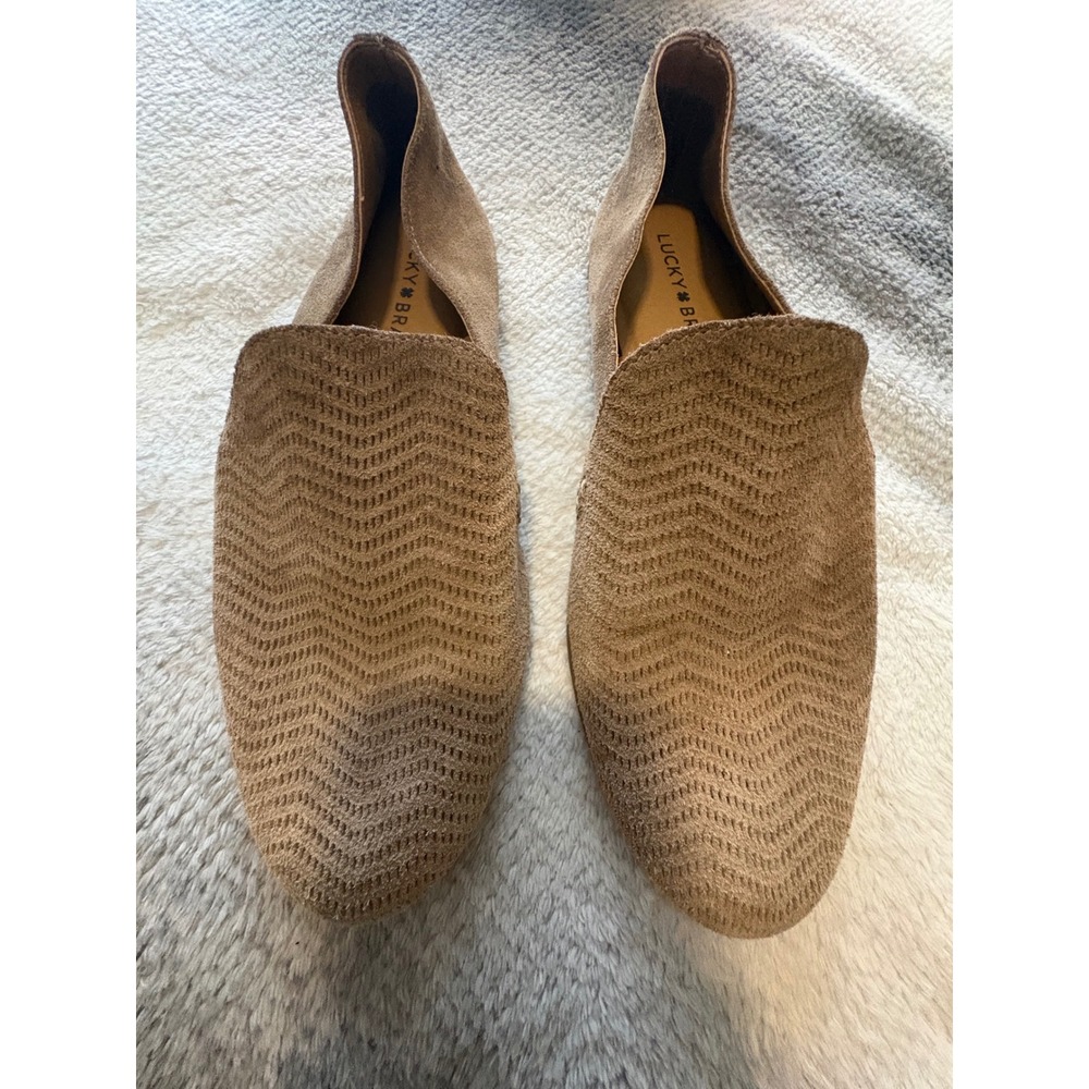 Lucky Brand Tan Suede Chevron Laser‎ Cut Loafers Flats Womens 7.5 38 Tan Slip On